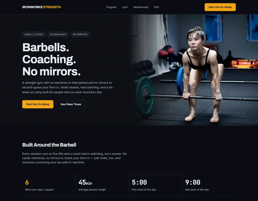 A landing page Landivo made for Ironworks Strength