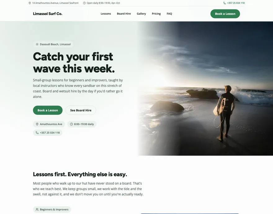 A landing page Landivo made for Limassol Surf Co.